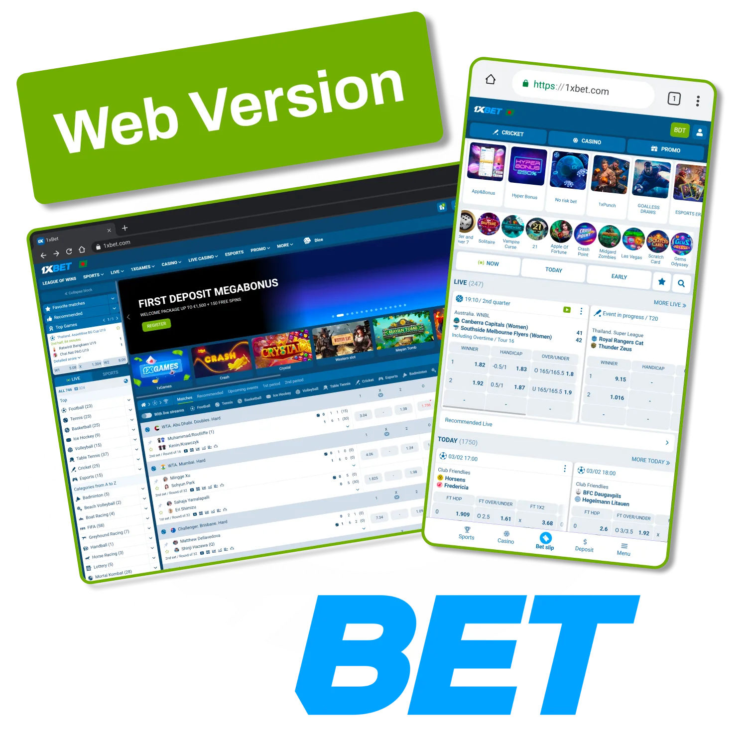 Use the web version to access full sports and casino features on 1xBet.