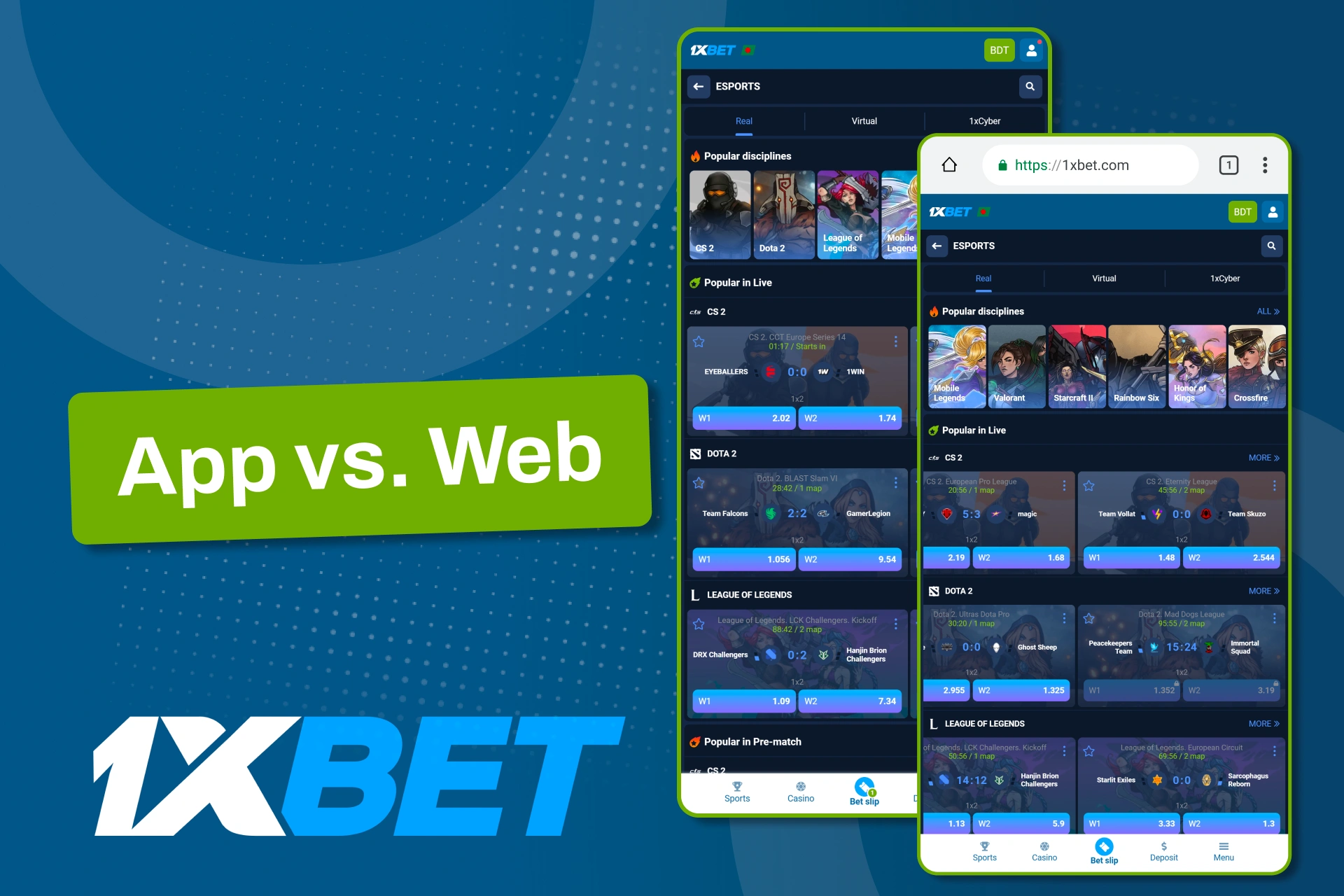 Compare app and web features to choose the best option on 1xBet.